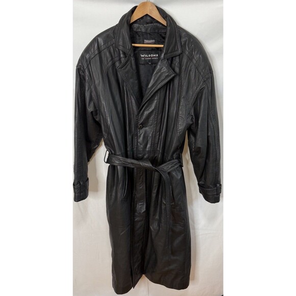 Y2K Wilsons Leather Trench Coat L Black Long Jacket Sz L Thinsulate Goth Matrix - Picture 1 of 11